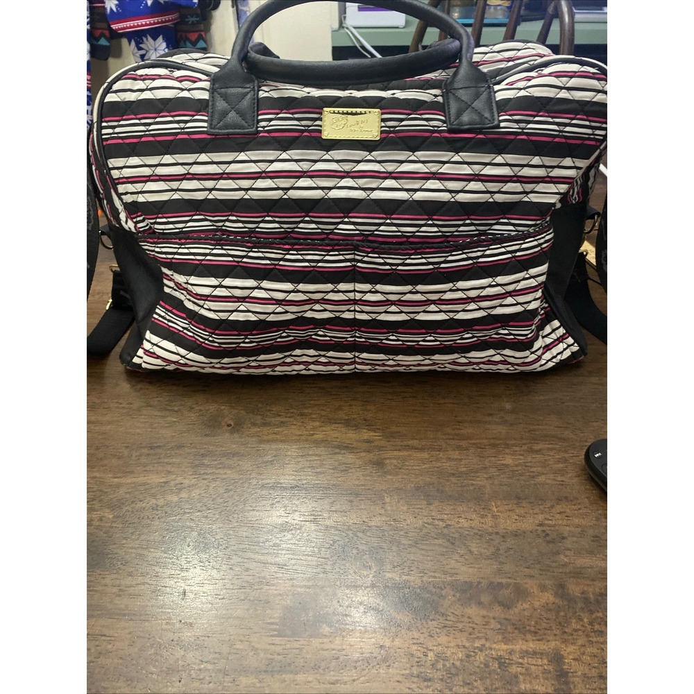 Luv Betsey Johnson Quilted Striped Weekender Bag Black White Pink Duffel Travel